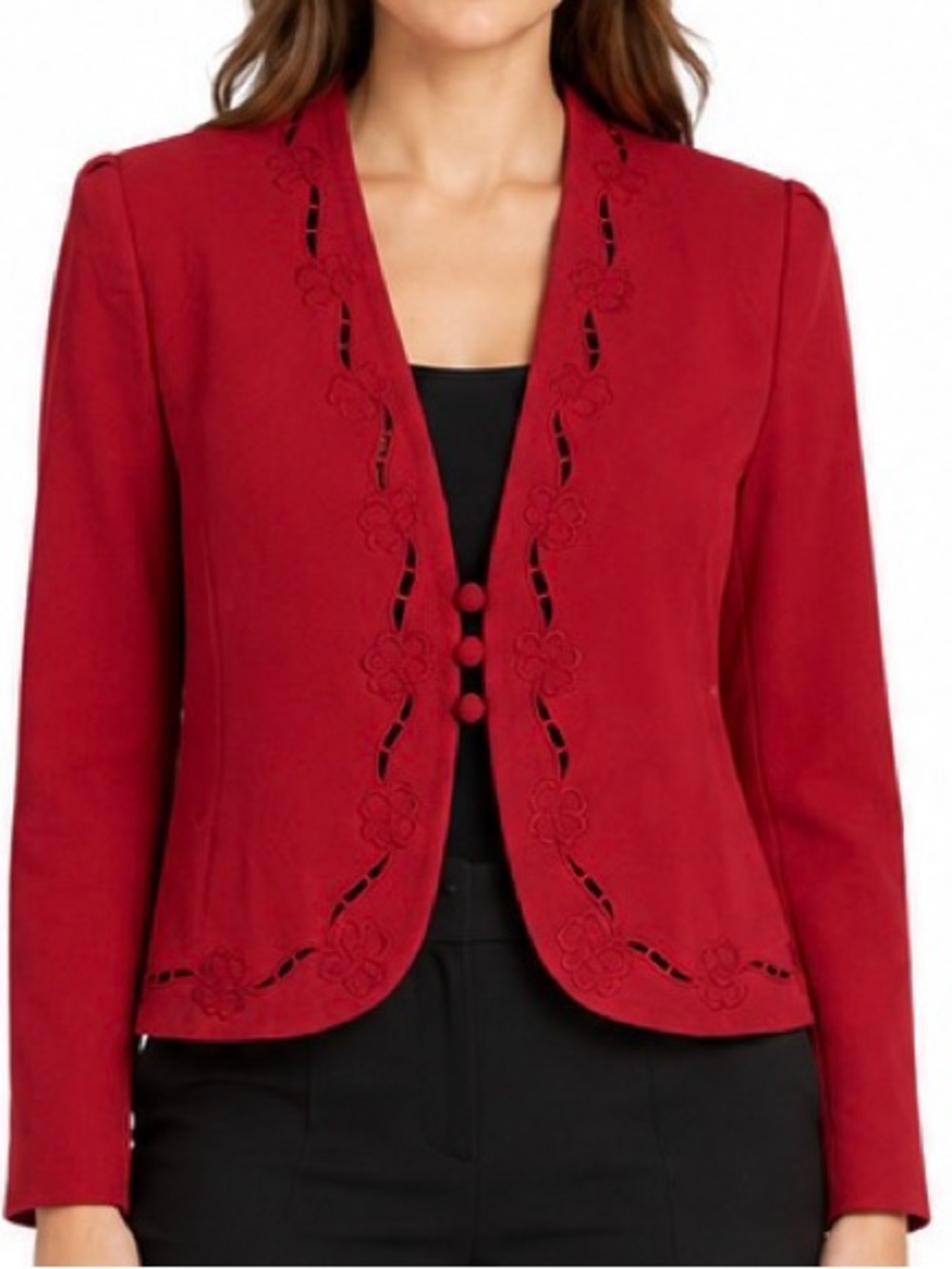 Vintage Sasson Red Wool Blazer Size 12 Embroidered Cutwork Cropped Jacket